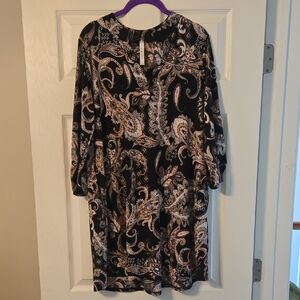 Long-Sleeve Black Paisley Shift Dress with Pink and Tan Accents